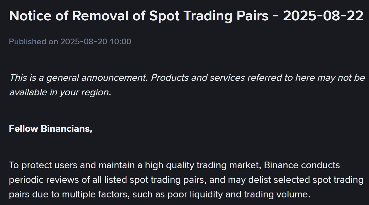 Sàn Binance cũng vừa huỷ niêm yết 3 cặp giao dịch Spot vào ngày 22/8/2025 - nguồn: Binance Announcement