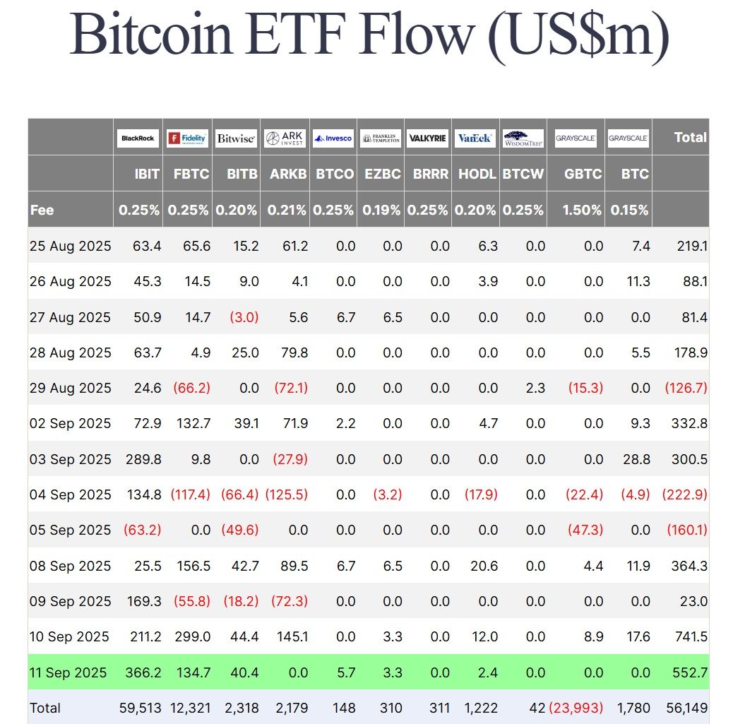 Thống kê dòng tiền đổ vào các quỹ Spot BTC ETF tại Mỹ theo từng ngày - nguồn: Farside Investors