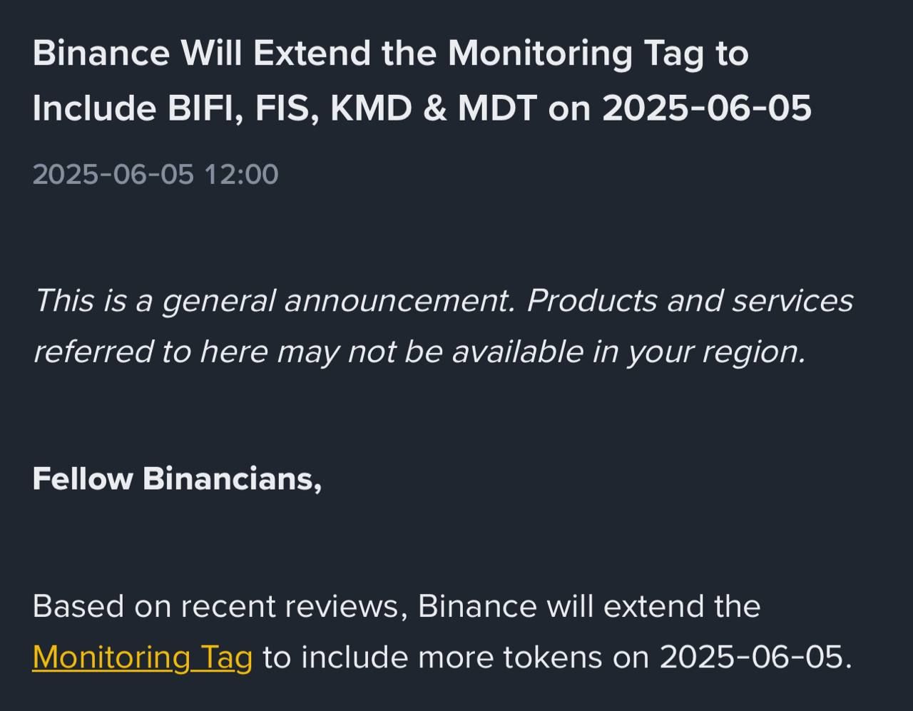 Binance bổ sung thêm 4 đồng coin vào mục rủi ro Monitoring Tag ngày 5/6/2025 - nguồn: BInance Announcement