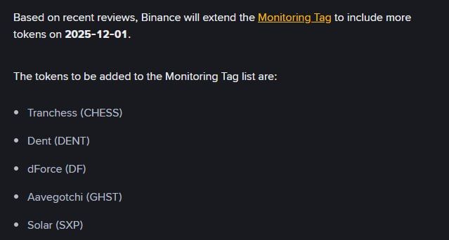 Binance thông báo danh sách các đồng coin mới bị gán thẻ Monitoring Tag vào ngày 1/12/2025 - nguồn: Binance Announcement