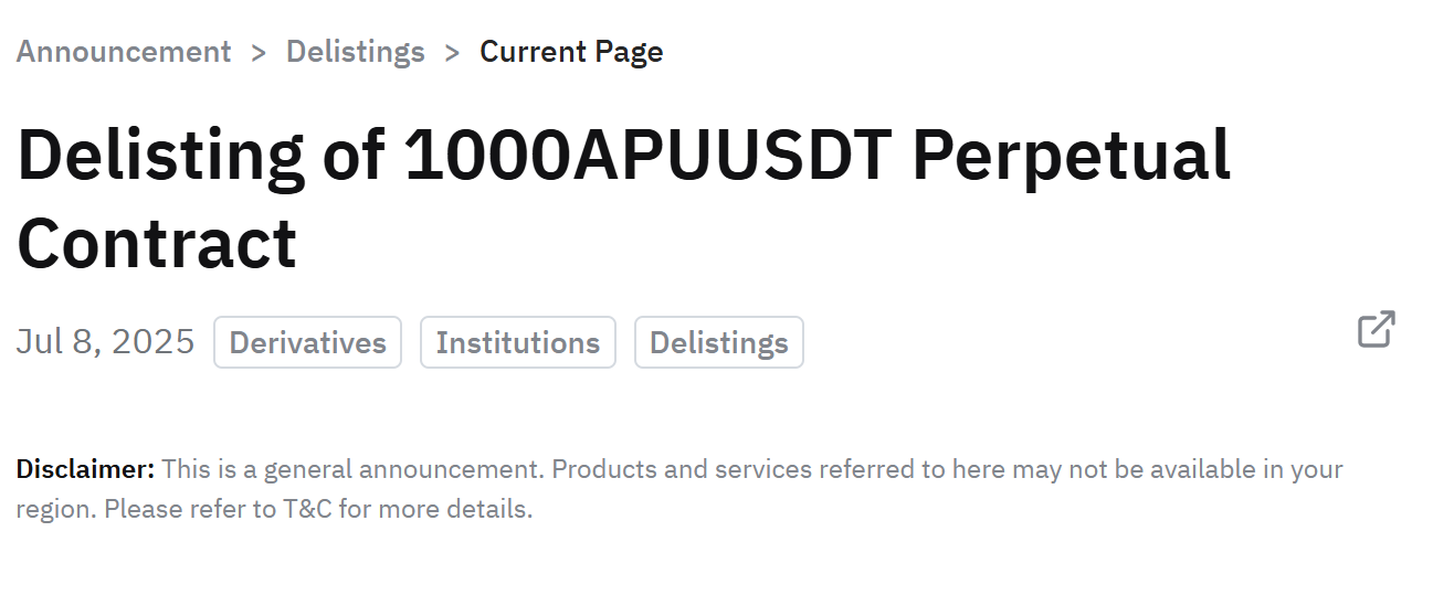 Bybit tiếp tục thông báo huỷ niêm yết hợp đồng Perpetual Contract của APU - theo Bybit Announcement