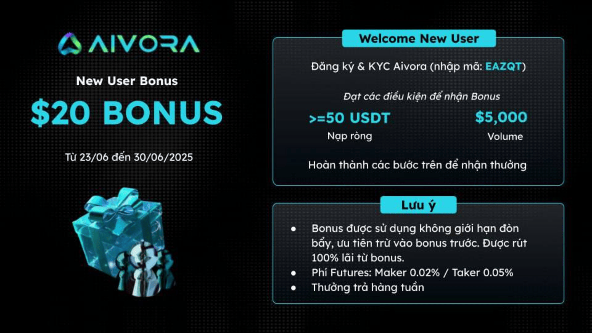 Aivora bonus 20$ cho người mới