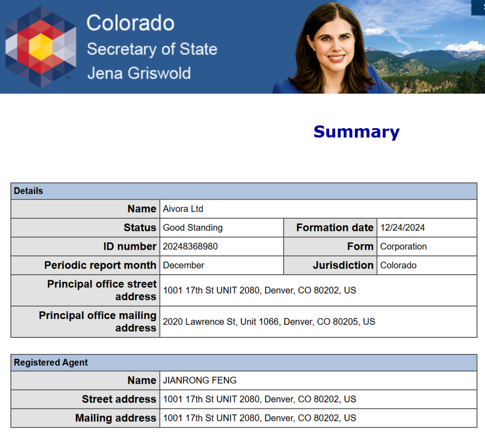 Thông tin đăng ký của Aivora tại Colorado, Hoa Kỳ