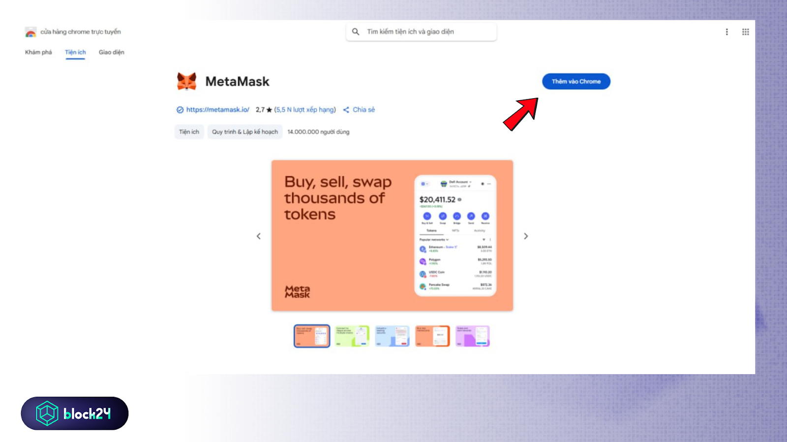 Nhấn Install MetaMask for Chrome để tiến hành cài đặt