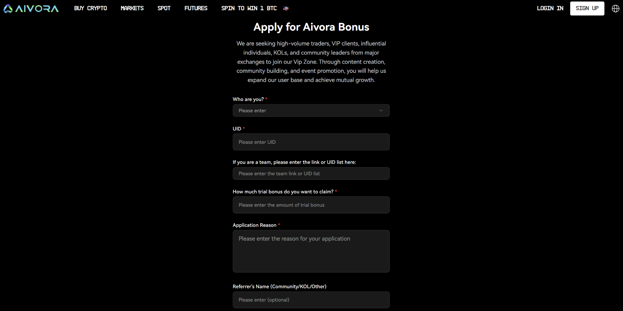 Đơn apply cho Aivora Bonus