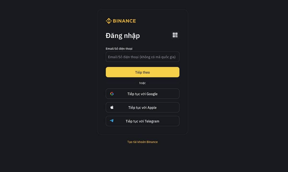 Giao diện đăng nhập Binance
