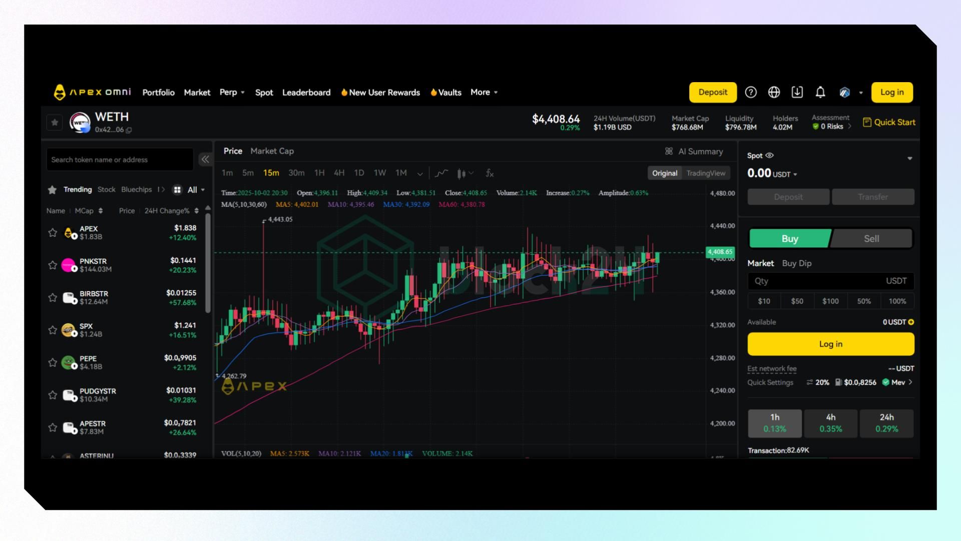Giao diện spot trading của ApeX