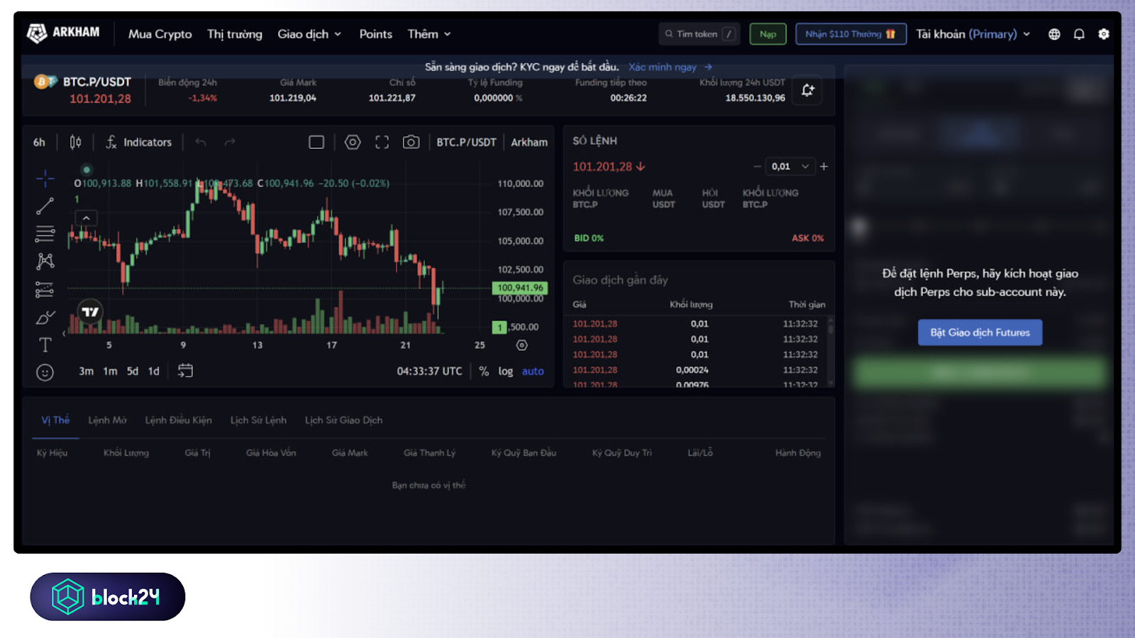 Giao diện đánh futures trên Arkham Exchange