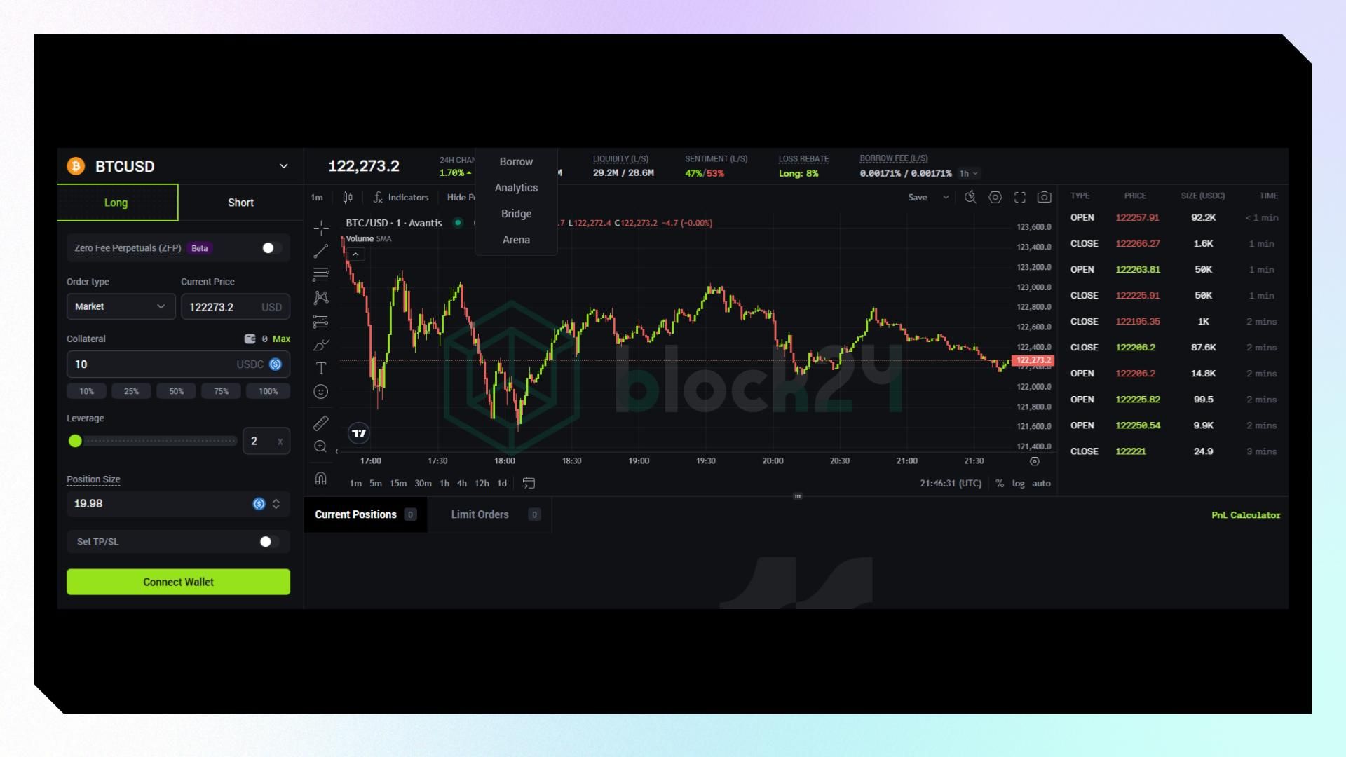 Giao diện perp trading của Avantis