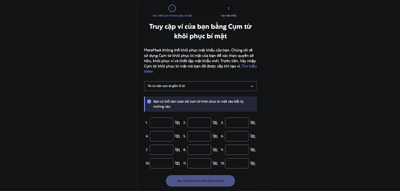 Nhập Seed Phrase để import ví
