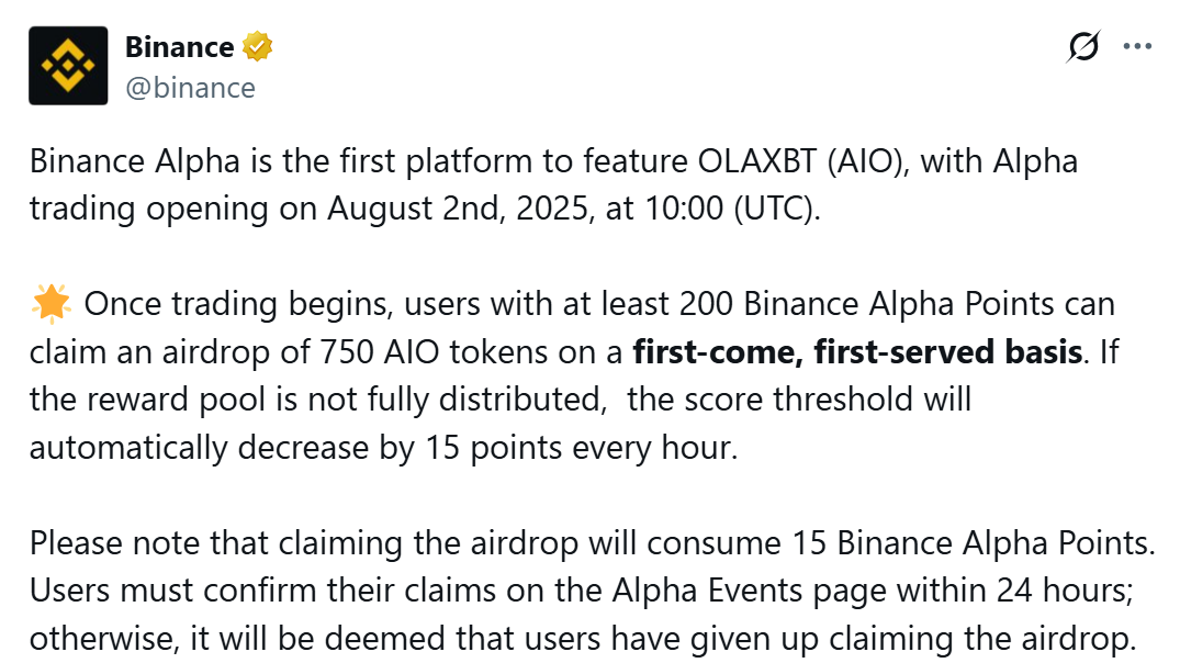Binance Alpha thông báo lịch trình niêm yết và airdrop token AIO (OLAXBT) cho cộng đồng vào ngày 2/8/2025 - nguồn: X (Twitter)