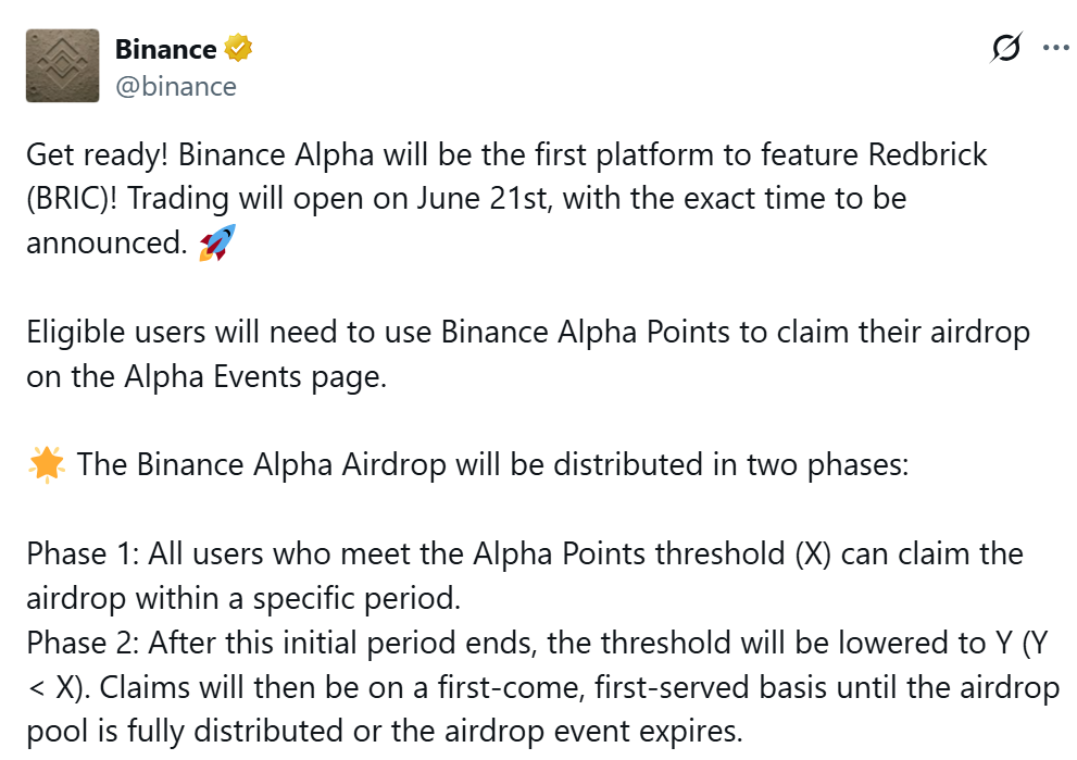 Binance Alpha thông báo niêm yết và airdrop token BRIC (Redbrick) vào ngày 21/6/2025 - nguồn: X (Twitter)