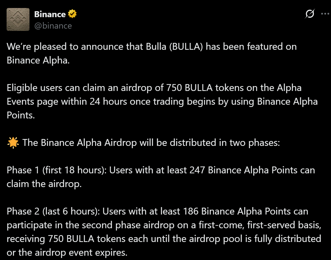 Binance Alpha thông báo niêm yết và airdrop token BULLA (Bulla) vào ngày 22/6/2025 - nguồn: X (Twitter)
