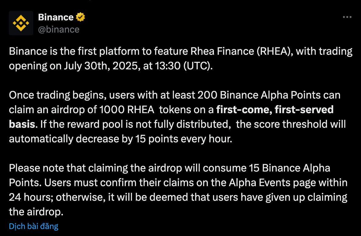 Binance thông báo niêm yết và airdrop token RHEA (Rhea Finance) vào ngày 30/7/2025 - nguồn: X (Twitter)