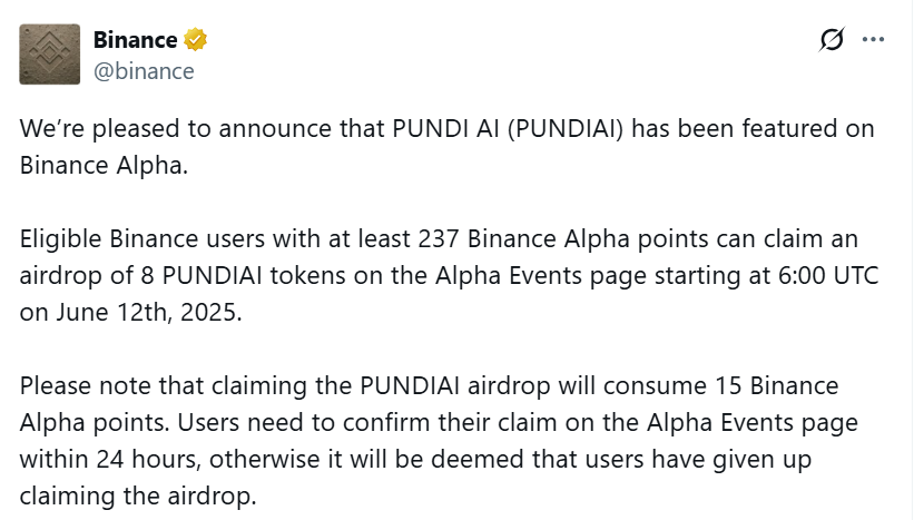 Binance Alpha thông báo niêm yết và airdrop token PUNDIAI (PUNDI AI) vào ngày 12/6/2025 - theo CoinGecko
