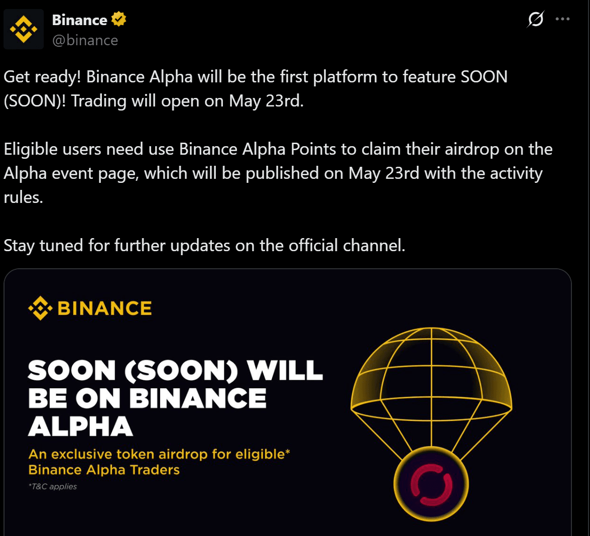 Binance thông báo ra mắt token SOON (Soon) trên Binance Alpha - nguồn: X (Twitter)