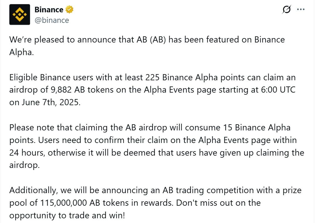 Binance Alpha thông báo niêm yết và airdrop token AB (AB) vào ngày 7/6/2025 - nguồn: X (Twitter)