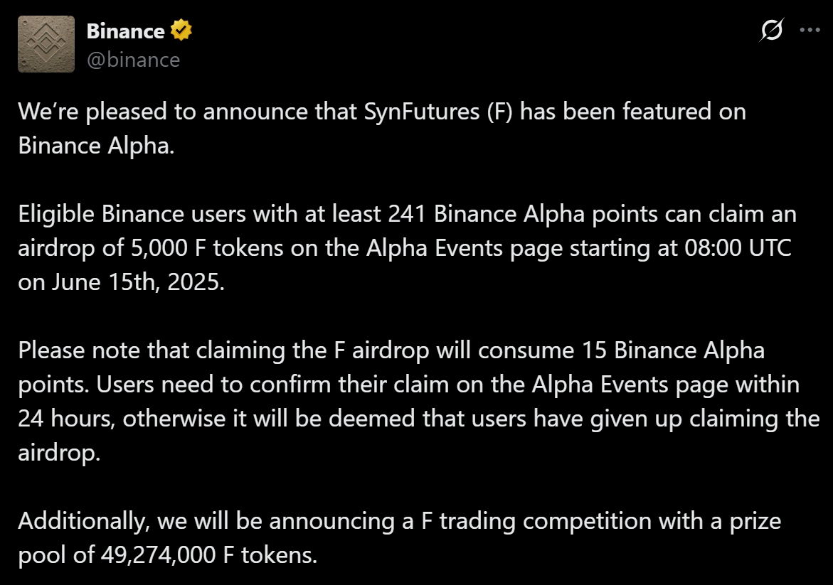 Binance Alpha thông báo niêm yết và airdrop token F của dự án SynFutures - nguồn: X (Twitter)