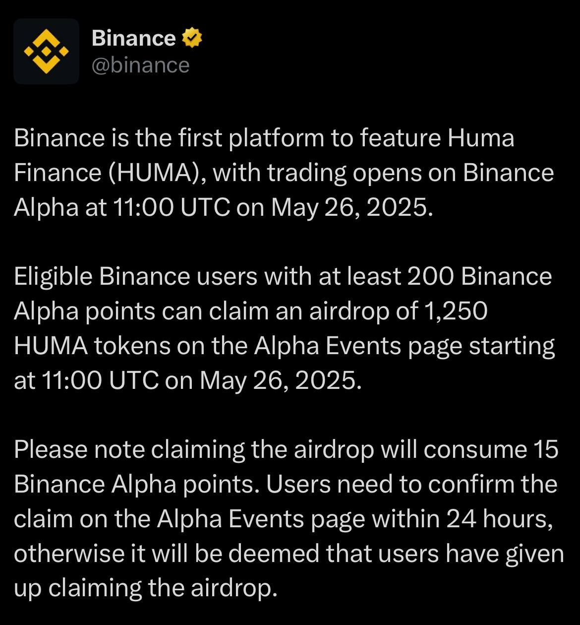 HUMA (Huma Finance) sẽ được niêm yết trên Binance Alpha kèm theo đợt Airdrop - nguồn: X (Twitter)