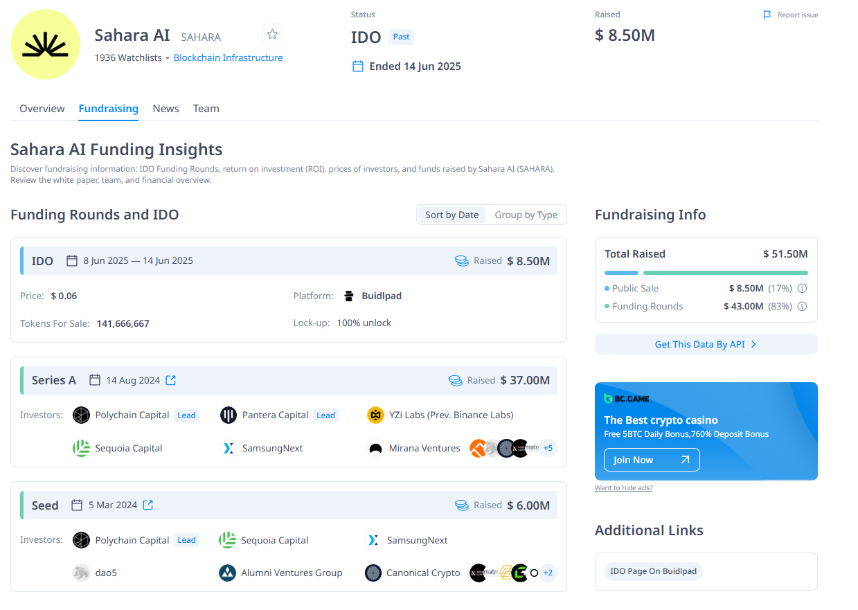Thông tin về các vòng gọi vốn của dự án Sahara AI (SAHARA) kể từ trước đến nay - theo CryptoRank