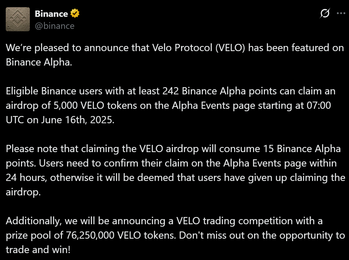 Binance Alpha thông báo niêm yết và airdrop token VELO của dự án Velo Protocol - nguồn: X (Twitter)
