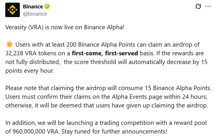 Binance Alpha thông báo niêm yết và airdrop token VRA (Verasity) trong ngày 27/7/2025 - nguồn: X (Twitter)