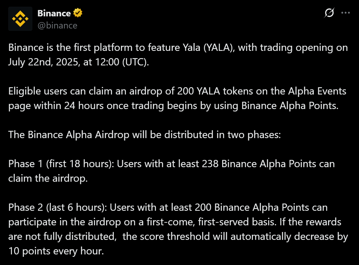 Binance thông báo niêm yết và airdrop token YALA (Yala) cho người dùng vào ngày 22/7/2025 - nguồn: X (Twitter)