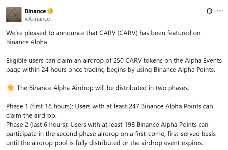 Binance Alpha thông báo niêm yết và airdrop token CARV (Carv) vào ngày 23/6/2025 - nguồn: X (Twitter)