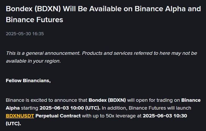 Binance Alpha và Binance Futures đồng loạt công bố niêm yết BDXN (Bondex) - theo Binance Announcement