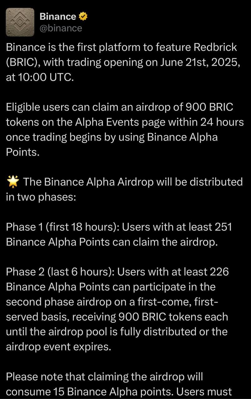 Binance Alpha công bố ngưỡng điểm nhận airdrop BRIC (Redbrick) vào cùng ngày - nguồn: X (Twitter)