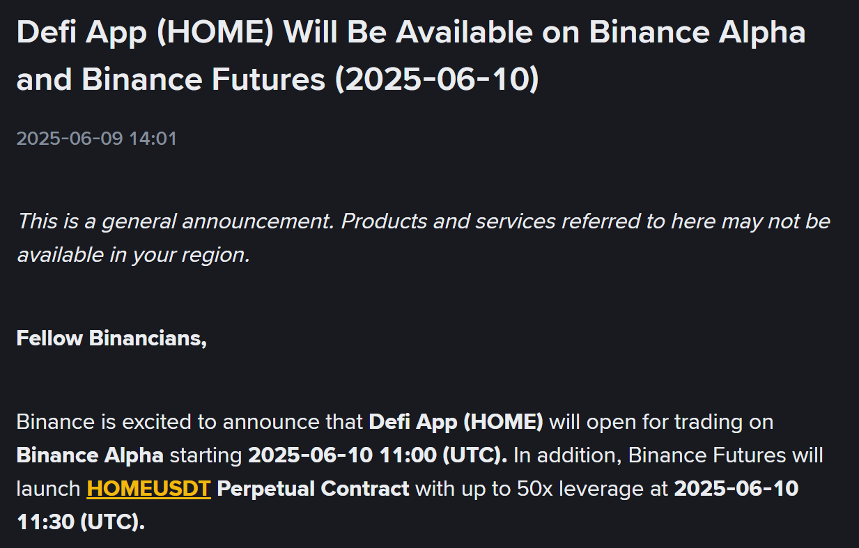 Binance Alpha và Binance Futures đồng loạt công bố niêm yết token HOME (DefI App) - nguồn: Binance Announcement
