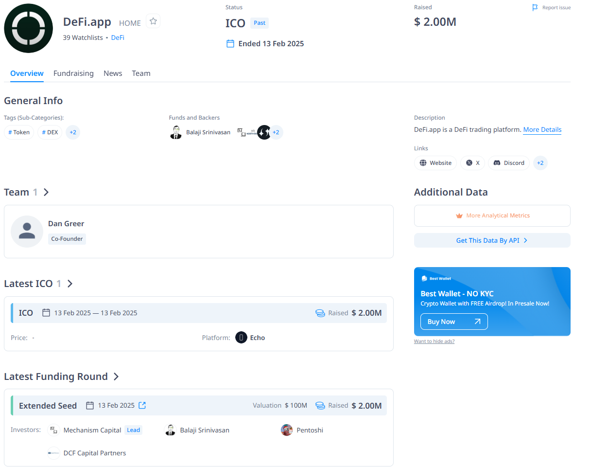 Thông tin về các vòng gọi vốn của Defi App kể từ trước đến nay - theo CryptoRank