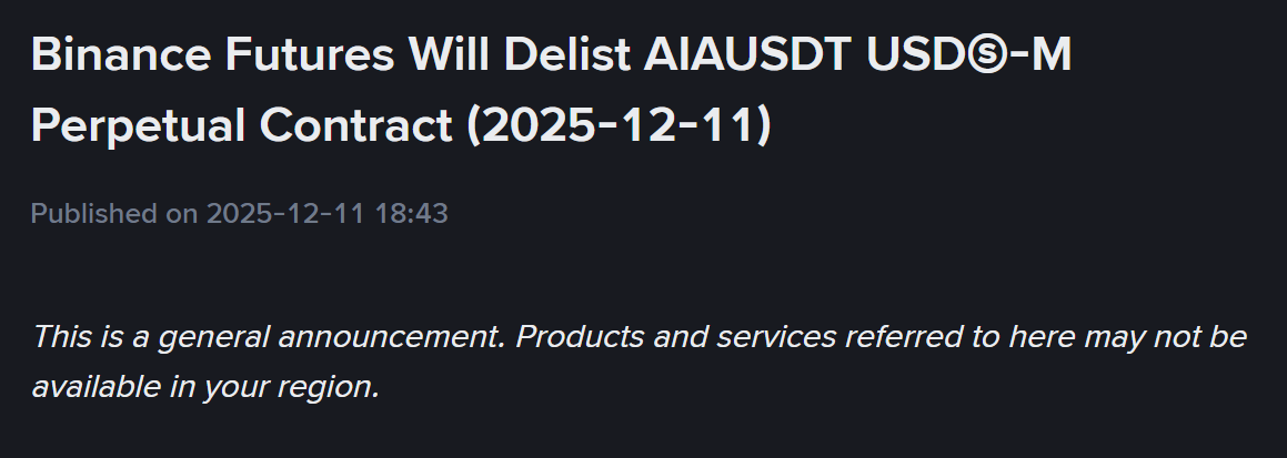 Binance Futures thông báo delist token AIA vào ngày 11/12/2025 - theo Binance Announcement