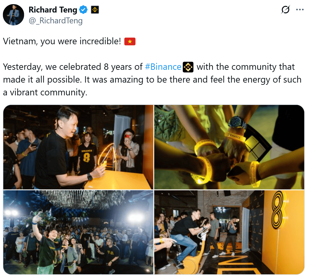 CEO Binance Richard Teng gần đây đã có chuyến thăm Việt Nam mừng kỷ niệm 8 năm thành lập Binance - nguồn: X (Twitter)