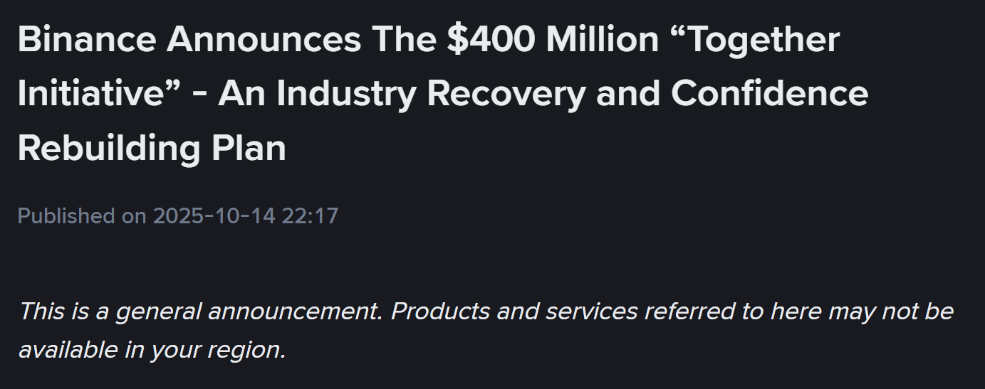 Binance chi thêm 400 triệu USD bồi thường người dùng chịu thiệt hại vì cú sập ngày 11/10 - theo Binance Announcement