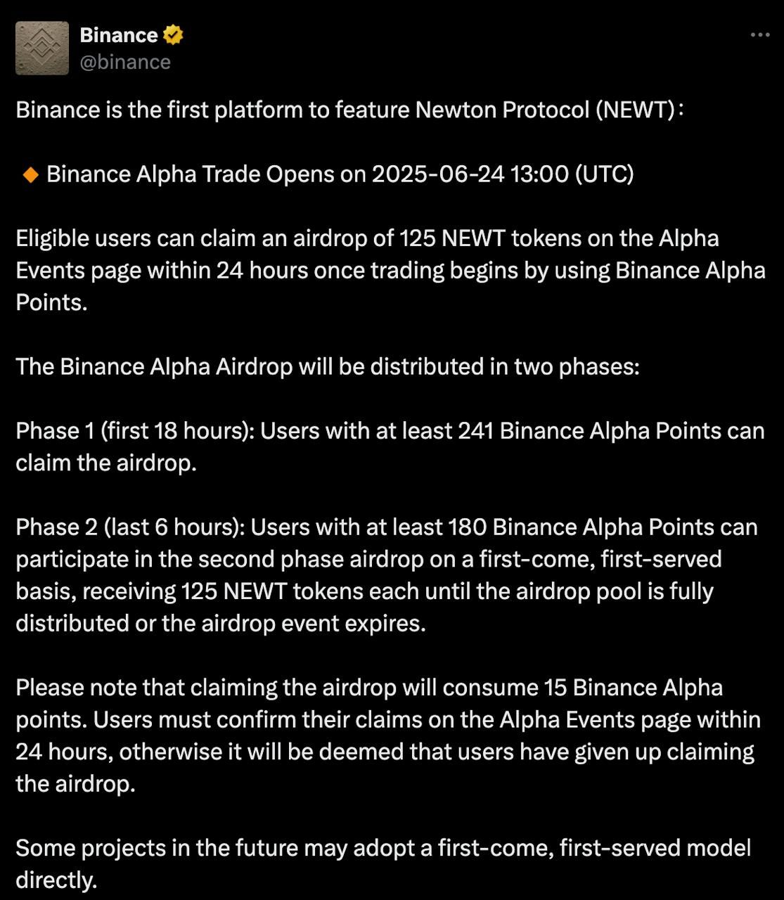 Binance Alpha công bố ngưỡng điểm cần thiết để claim airdrop NEWT (Newton Protocol) - nguồn: X (Twitter)