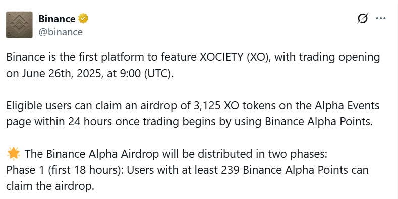 Binance Alpha công bố mức điểm Alpha Points cần thiết để nhận airdrop token XO (Xociety) - nguồn: X (Twitter)