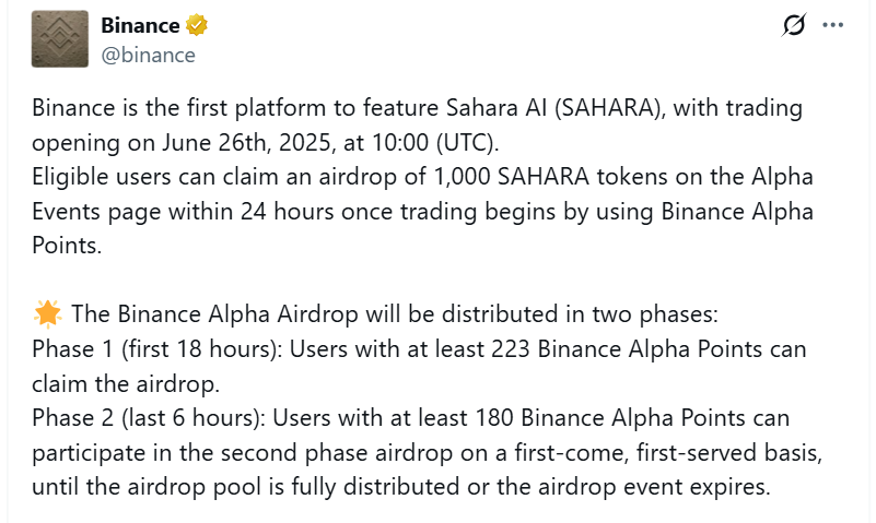 Binance Alpha công bố mức điểm Alpha Points cần thiết để claim airdrop token SAHARA (Sahara AI) - nguồn: X (Twitter)
