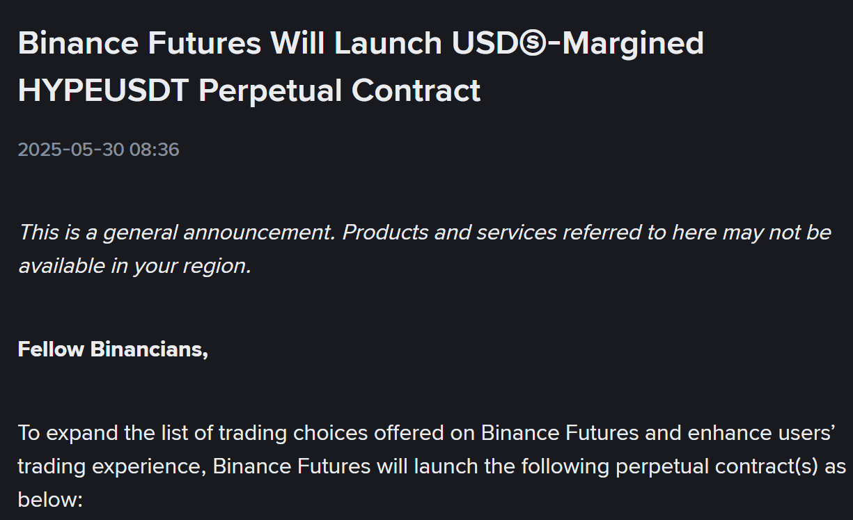 Binance Futures thông báo niêm yết token HYPE (Hyperliquid) vào ngày 30/5/2025 - nguồn: Binance Announcement