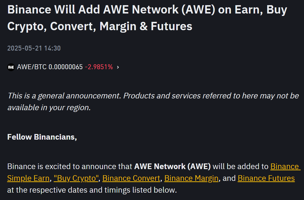 Binance thêm token AWE (AWE Network) vào mục Earn, Buy Crypto, Convert, Margin và Futures - nguồn: Binance Announcement