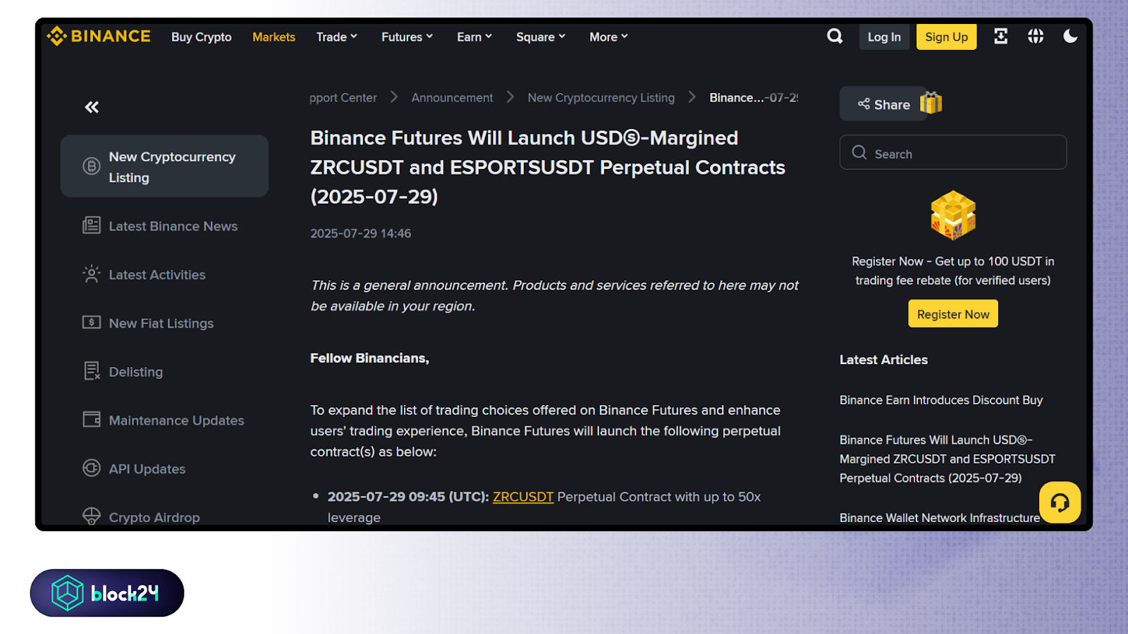 Thông báo niêm yết token ZRC và ESPORTS - nguồn Binance Announcement
