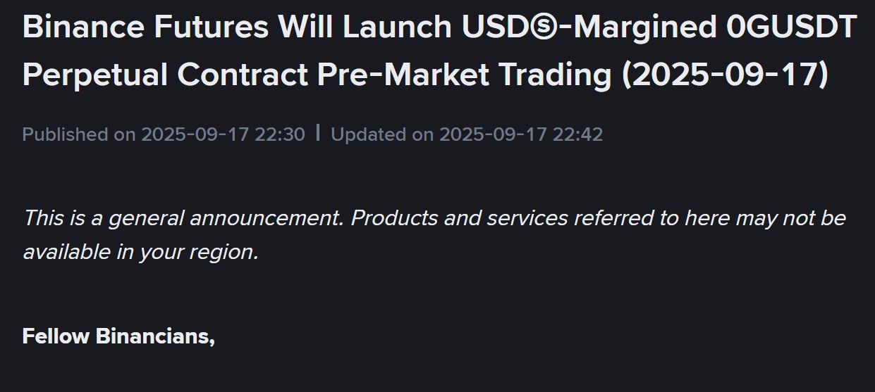 Binance Futures thông báo niêm yết token 0G tối ngày 17/9/2025 - nguồn: Binance Announcement