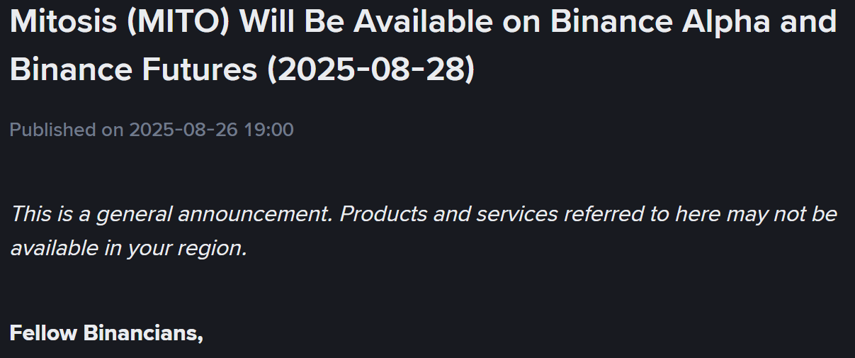 Binance Alpha và Futures đồng loạt công bố niêm yết token MITO (Mitosis) vào ngày 28/8/2025 - nguồn: Binance Announcement