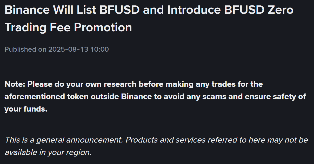 Binance thông báo niêm yết BFUSD - nguồn: Binance Announcement