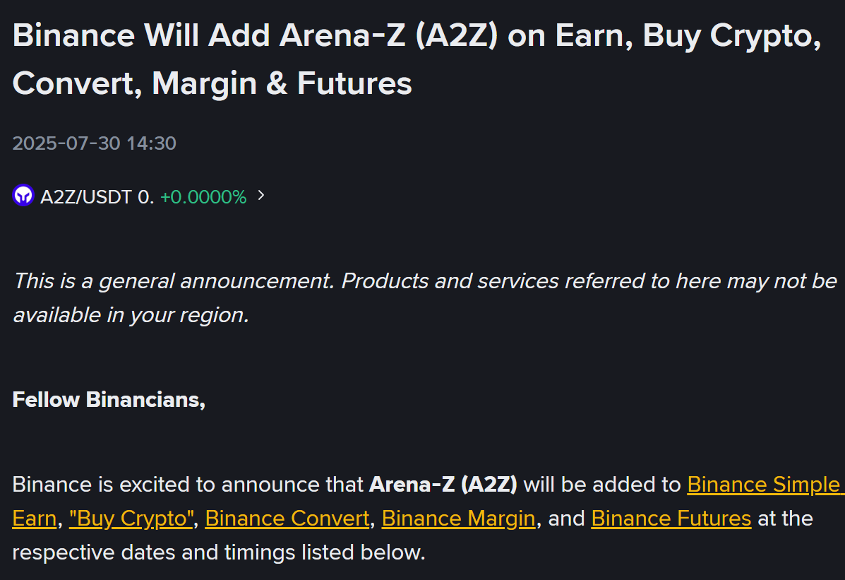 Binance sẽ thêm token A2Z (Arena-Z) vào mục Earn, Buy Crypto, Convert, Margin & Futures - nguồn: Binance Announcement