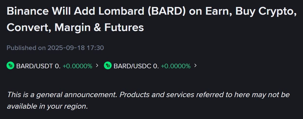Binance bổ sung token BARD (Lombard) vào các mục Earn, Margin và Futures - theo Binance Announcement