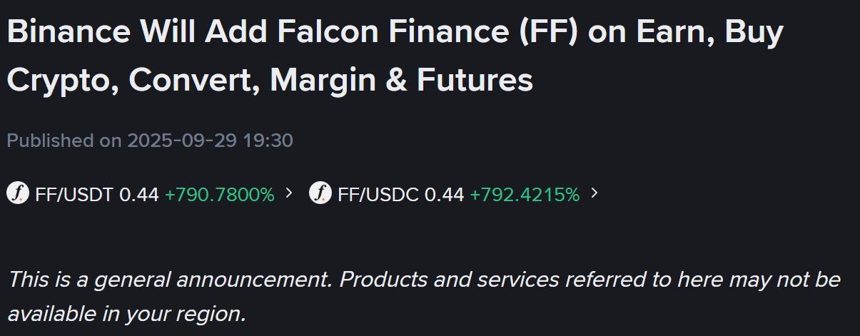 Binance bổ sung token FF (Falcon Finance) vào một loạt mục như Earn, Buy Crypto, Convert, Margin và Futures - theo Binance Announcement
