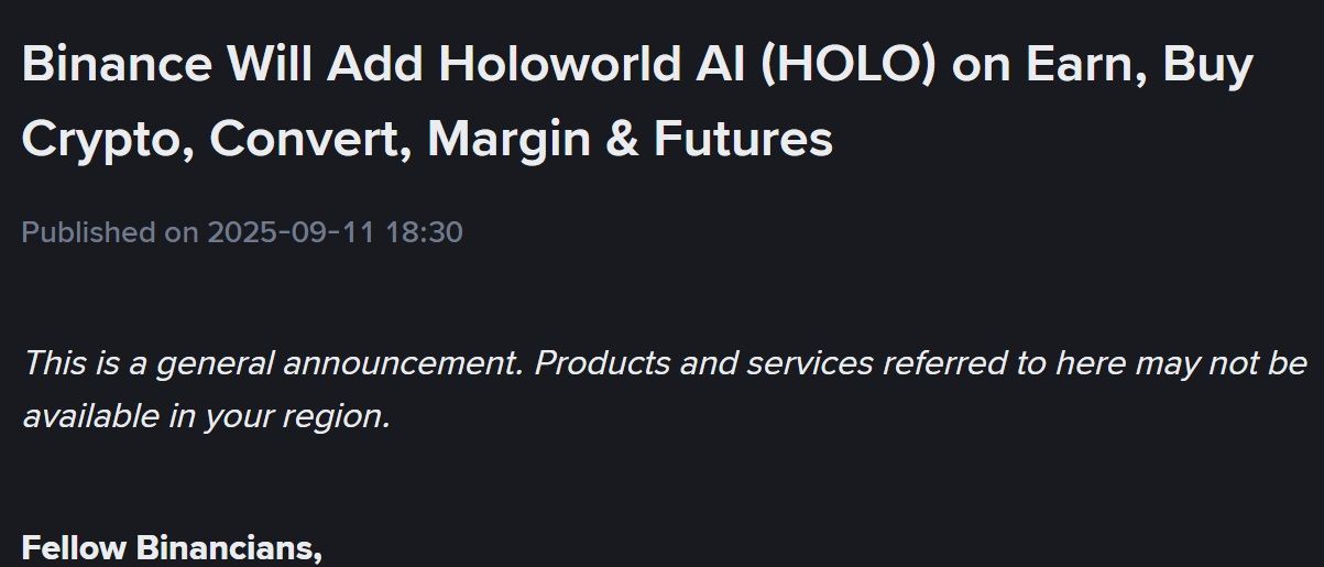 Binance sẽ niêm yết token HOLO (Holoworld AI) và LINEA (Linea) vào ngày 11/9/2025 - nguồn: Binance Announcement