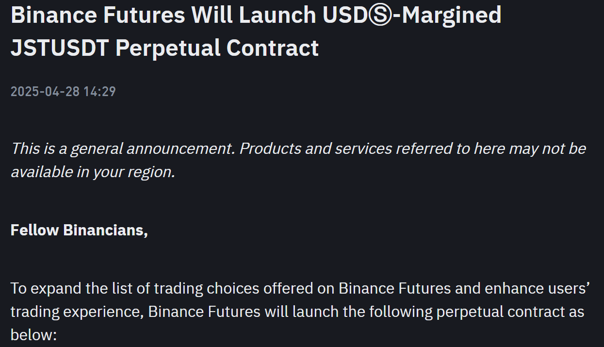Binance Futures thông báo niêm yết token JST chiều ngày 28/04/2025 - nguồn: Binance Announcement
