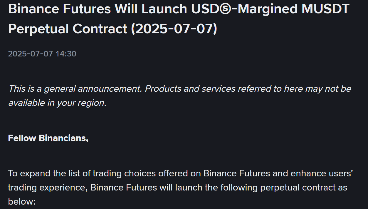 Binance Futures thông báo niêm yết token M (Memecore) - nguồn: Binance Announcement